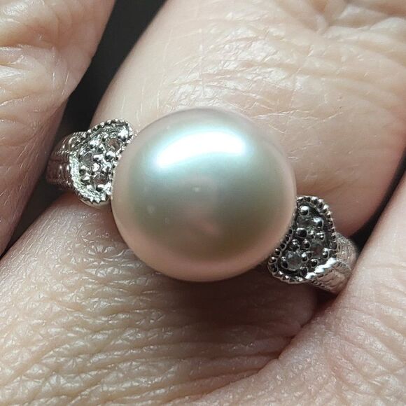 Jewelry - Cultured Freshwater Large Button Pearl Heart Sterling Silver Ring